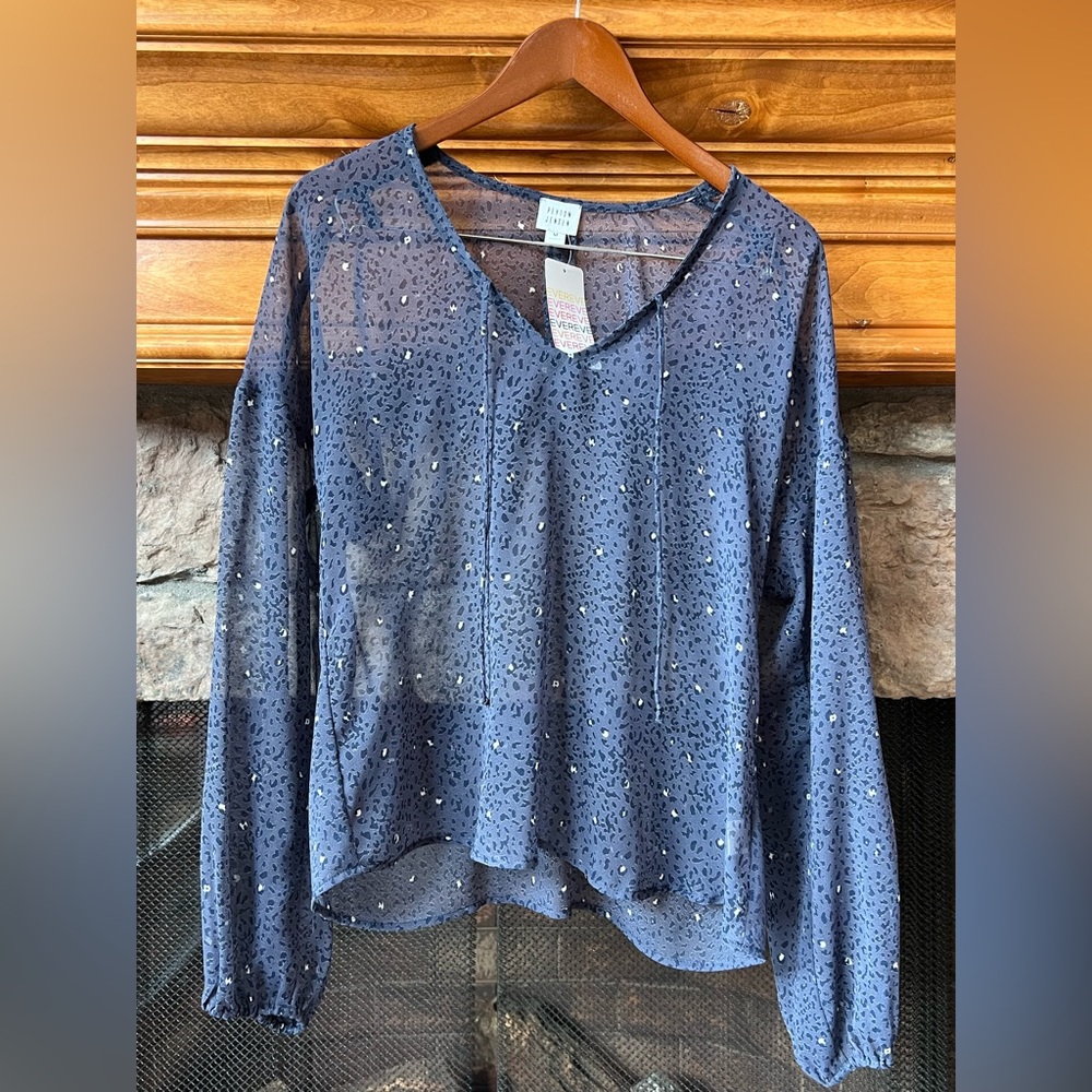Navy and white sheer long sleeve top